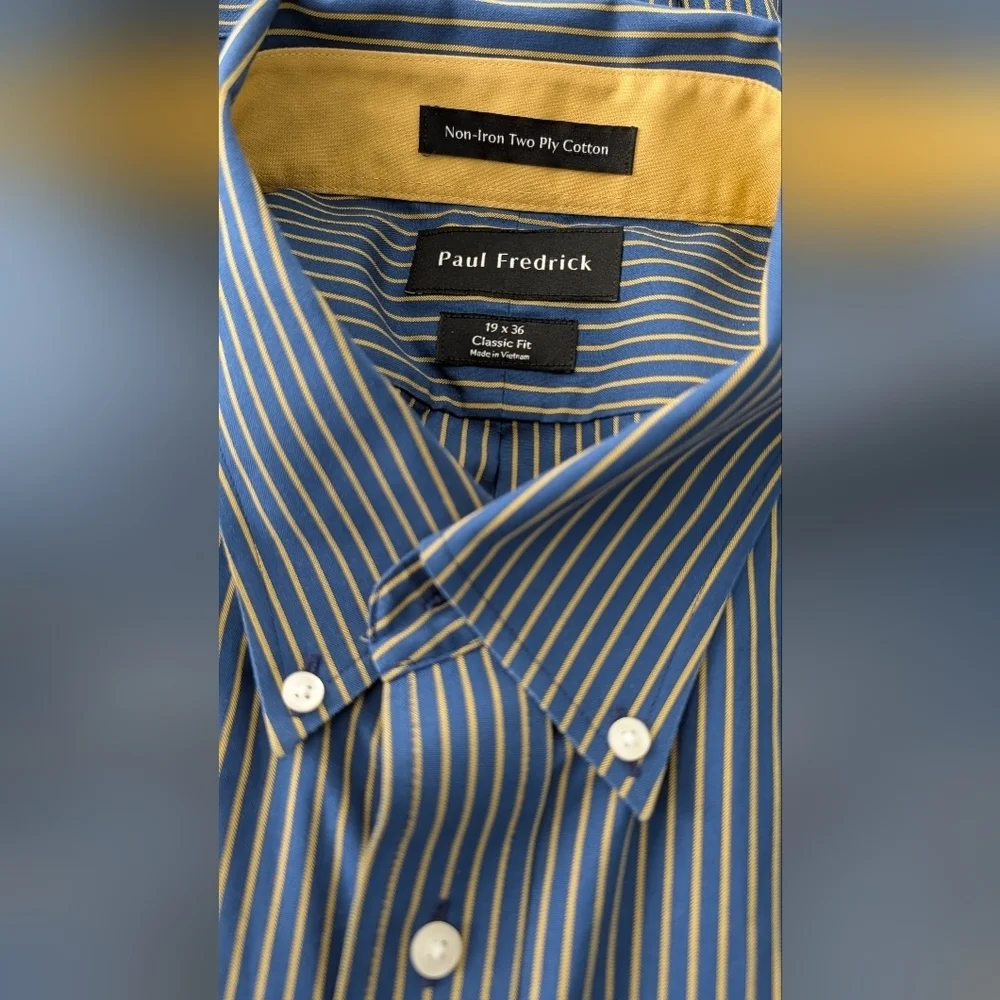 Paul Fredrick Non Iron Two Ply Cotton Blue Yellow Classic Fit Shirt Sz 19x36